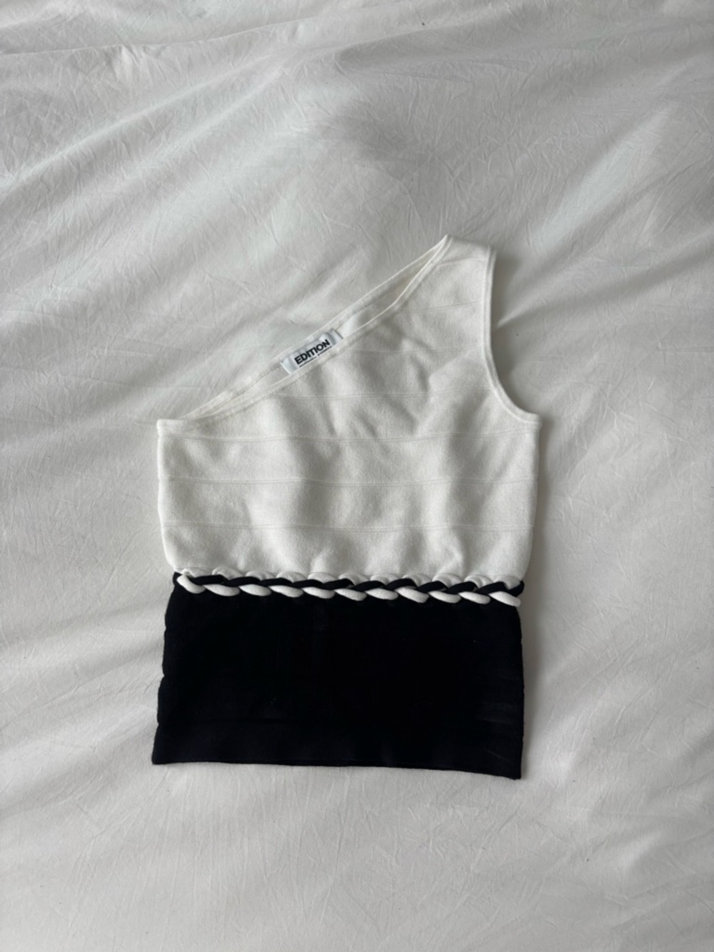 Black White One Shoulder Braided Detail Top – Size Small